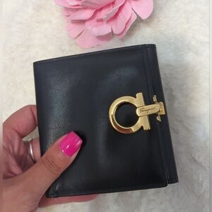 Salvatore Ferragamo Gancini Authentic Black Leather Wallet with Gold Hardware